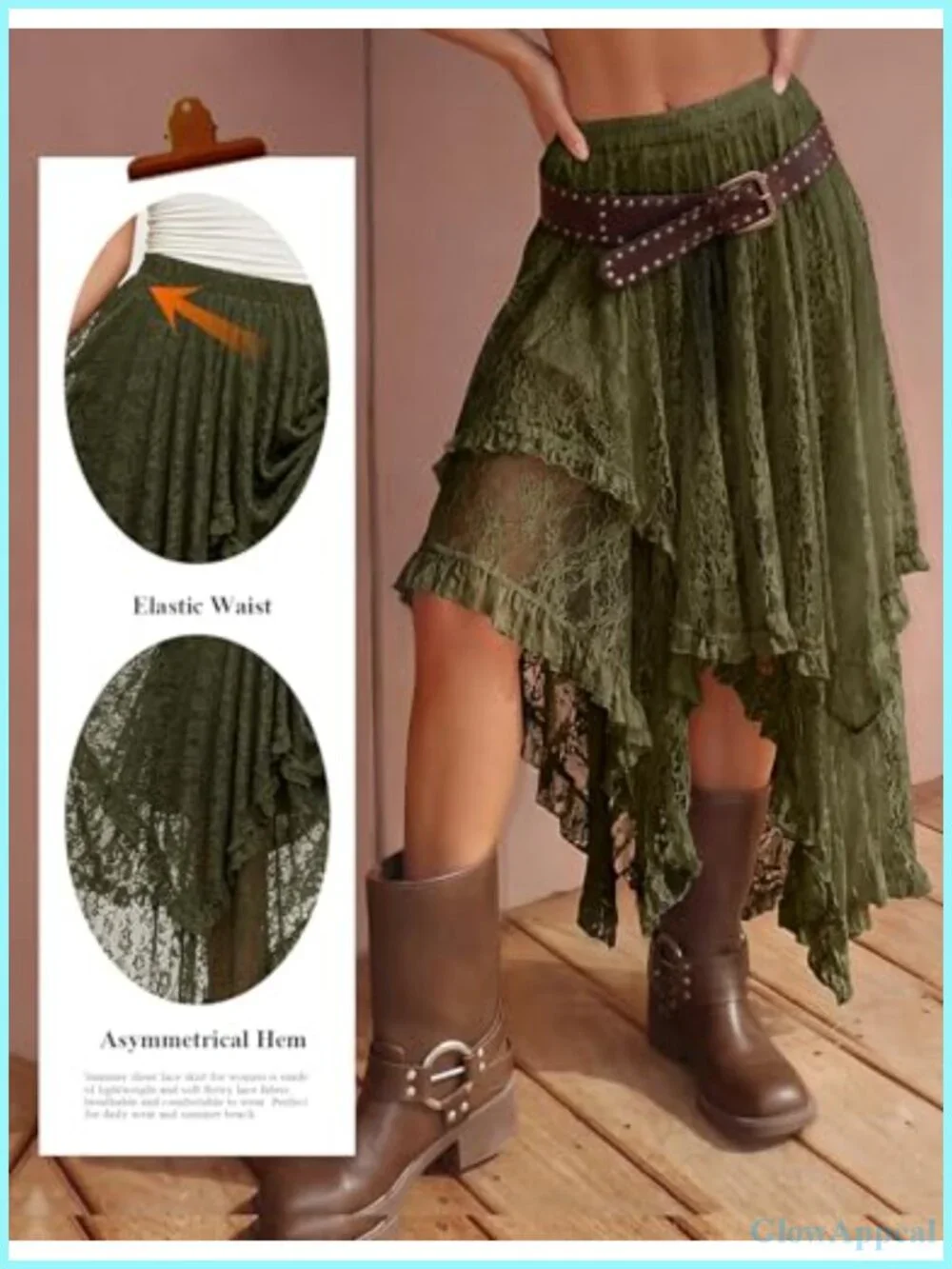 Womens Floral Lace Maxi Skirt Asymmetrical Boho Ruffle Hem Elastic Waist Sheer